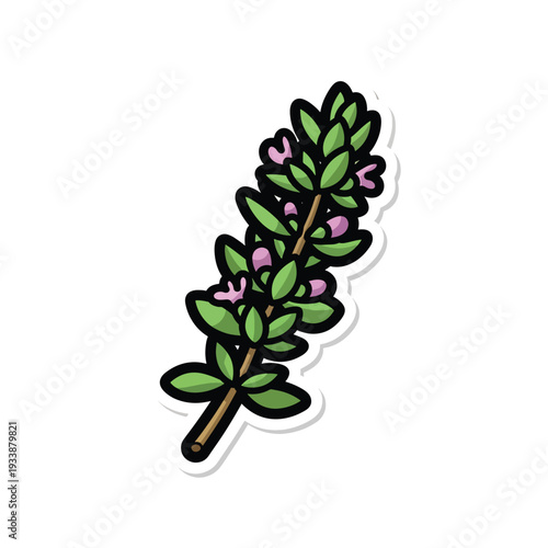 An illustration of a lavender sprig with green leaves and purple flowers, showcasing a botanical theme in a simple, graphic style.