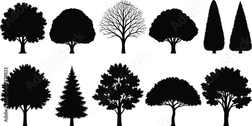 Diverse collection of ten black silhouette tree icons in various shapes and sizes nature
