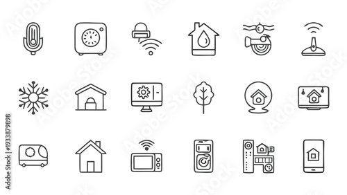 18 Smart Home and IoT Technology Line Art Icons with Blank Background.