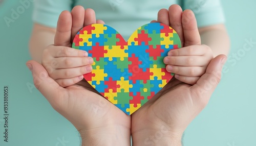 Autism awareness heart puzzle support hands child concept for neurodiversity and inclusion featuring adult and kid holding a colorful heart-shaped symbol on a soft background.