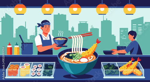 Japanese Chef Serving Udon Noodles with Shrimp Tempura