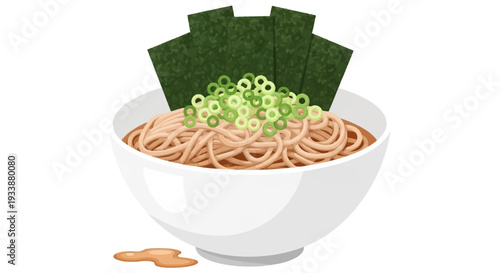 Japanese Soba Noodles in Bowl with Seaweed and Scallions
