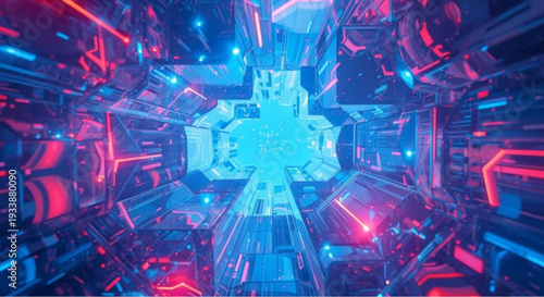 Vibrant futuristic tunnel with neon blue and pink lights