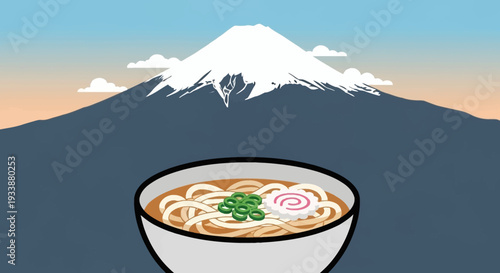 Udon Noodles Bowl with Mount Fuji Background