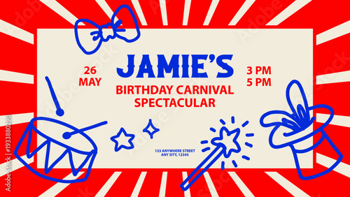 Children's greeting card for birthday anniversary with circus elements. Kids event design. Cirque performance, funny carnival, party banner. Hand drawn vector illustration.