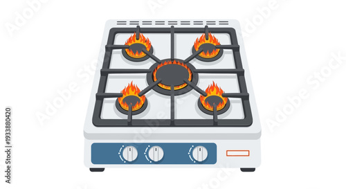 A clean, modern gas stove with four burners ignited and burning brightly, showcasing a cooking appliance