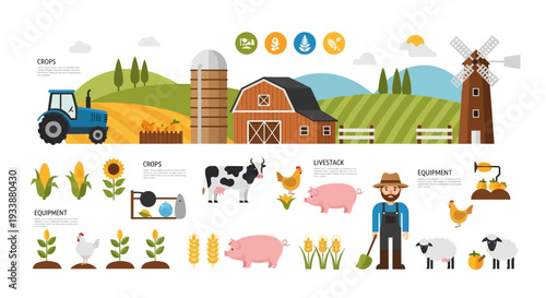 Farm life illustration: tractor, barn, windmill, animals, crops