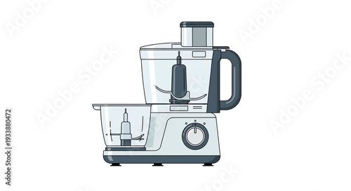 Kitchen appliance illustration featuring a food processor with various attachments and controls on a clean background