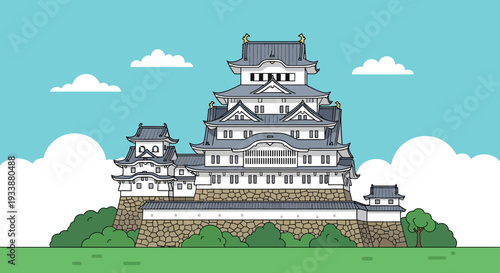 Japanese Castle Illustration on Blue Sky Background