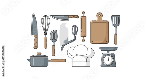 Comprehensive collection of essential kitchen utensils and baking tools, featuring knives, a whisk, spatula, rolling pin, cutting board, chef's hat, and scale, ideal for culinary and cooking projects