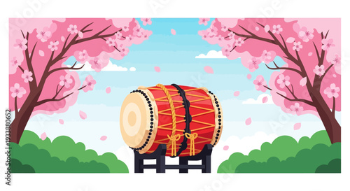 Taiko drum under cherry blossoms, Japanese festival