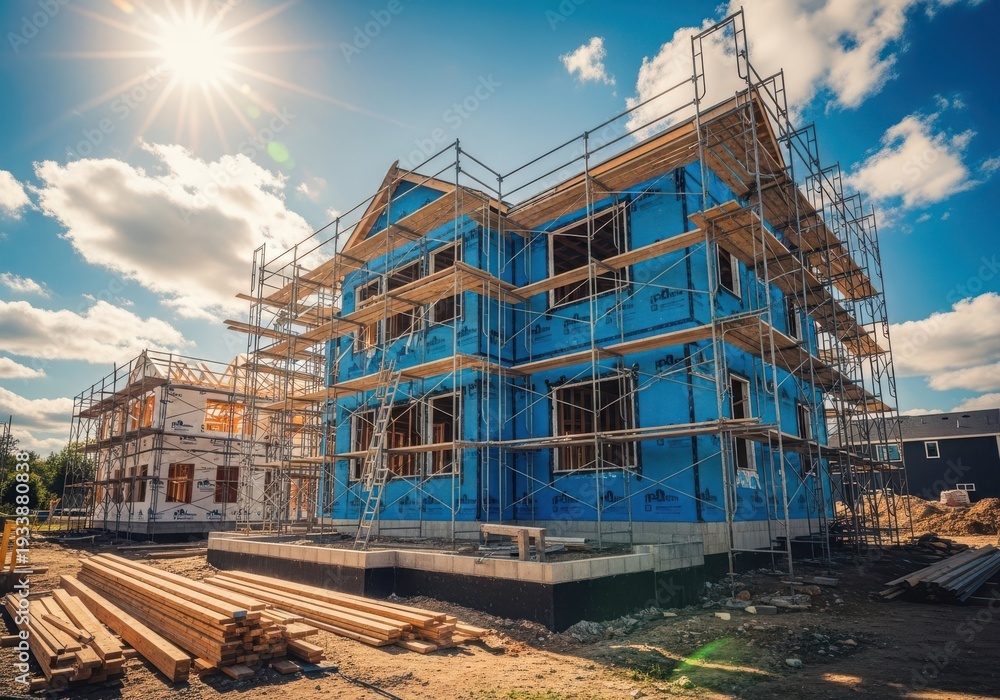 Fototapeta premium Construction of new residential houses with scaffolding under a sunny sky, indicating home building and real estate development