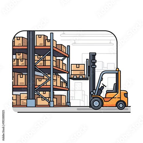 Warehouse storage facility with shelving units and a forklift operating in an industrial setting viewed from the side