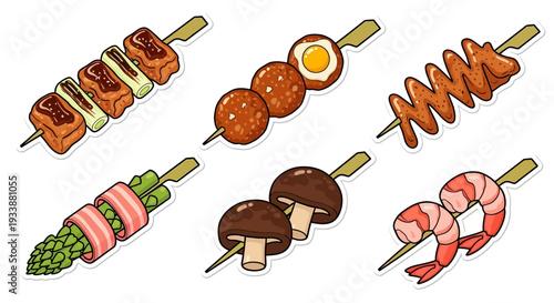 Assorted Skewers: Yakitori, Meatballs, Shrimp, Asparagus, Mushrooms