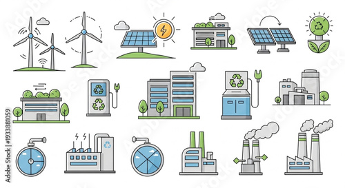Green energy and sustainable industry icons set.