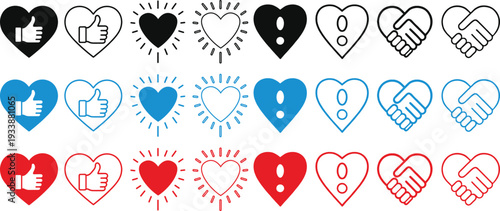 Collection of heart symbols with various colors and icons