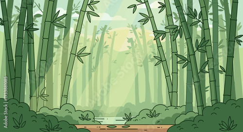 Bamboo Forest Path with Sunlight Rays