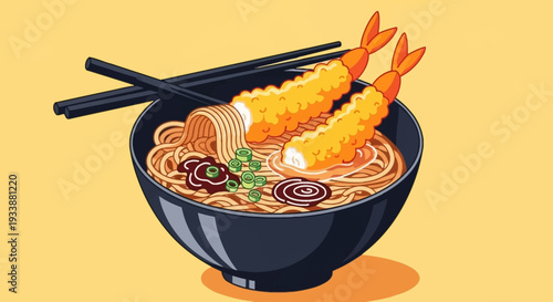 Japanese Shrimp Tempura Udon Noodles Bowl with Chopsticks