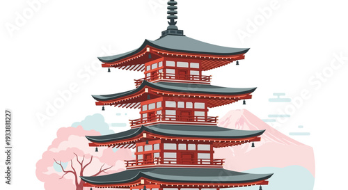 Japanese Pagoda and Mount Fuji Illustration