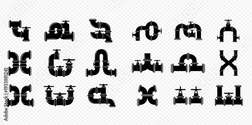Industrial Pipe Fittings and Valves Vector Set for Plumbing and Construction Design.