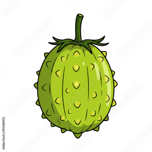 Cartoon illustration of a green, spiky kiwano melon isolated against a stark black background