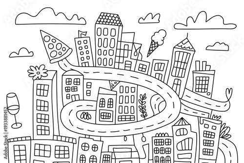 City illustration with a winding road and buildings in a cartoon style