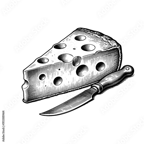 Antique cheese wedge and knife etching illustration for vintage dairy food concept