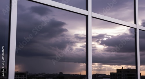 Stormy sky reflection on modern building windows, dark dramatic clouds mirroring across glass facade. Distant rain and city silhouette visible through glass, contrasting light breaks through.