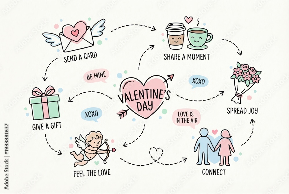 Obraz premium Valentine's Day love map depicting romantic gestures including sending a card sharing moments and feeling loved creating connections expressing joy and affection