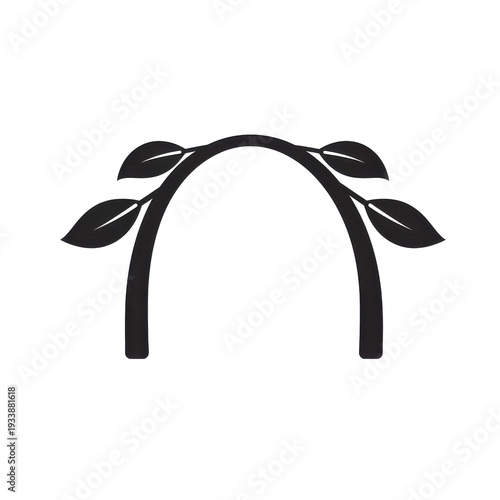 Simple, minimalist archway shape is adorned with leafy sprigs against a solid black background