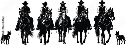 Five cowboys on horseback with dogs in silhouette on white background Keywords: cowboys, horses, dogs, western, rodeo, ranch