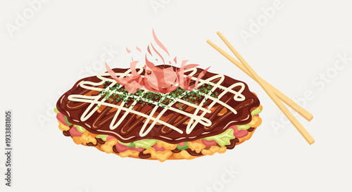 Okonomiyaki Japanese Savory Pancake with Chopsticks