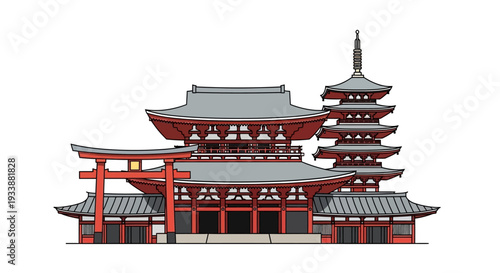 Japanese Temple Pagoda and Torii Gate Illustration