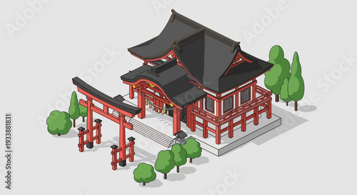 Pixel Art Japanese Shrine with Torii Gate and Trees