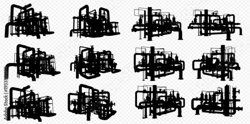 Set of industrial pipeline and valve silhouettes, representing complex factory systems and infrastructure elements.