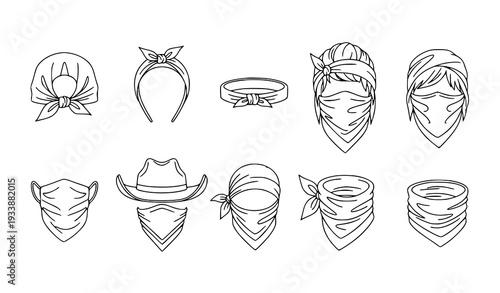 Bandana hats thin line icons vector set monochrome outline