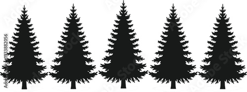 Five identical black silhouette Christmas tree icons arranged in a row vector illustration