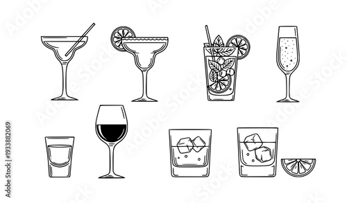 Cocktail glass alcohol drink linear icons vector set outline