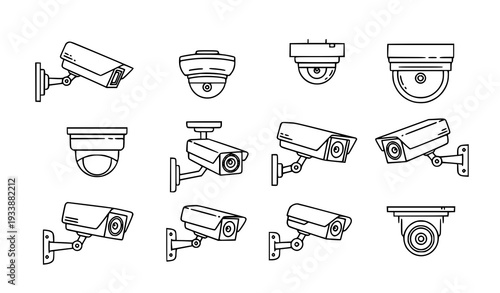 Surveillance cameras CCTV linear icons vector set security system outline