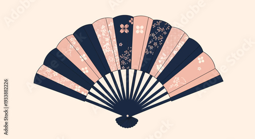 Japanese Fan with Floral Pattern, Pink and Navy Blue