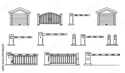 Minimal garage parking barrier outline icons vector illustration