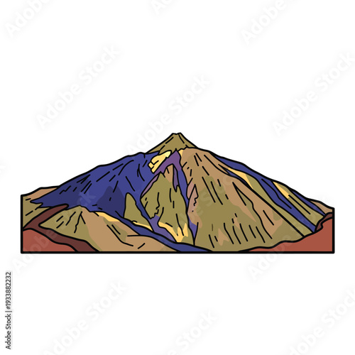 Mountain landscape illustration with geological features and terrain elevation from a frontal viewpoint, showcasing earthy tones and layered structure pektor4292.eps
