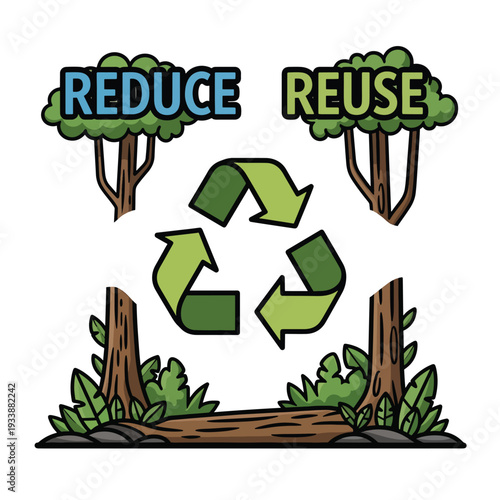 Illustration of recycling symbols, trees, and greenery promoting eco-friendly practices in a natural environment