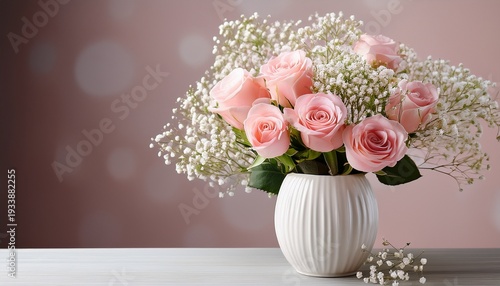 Delicate Pink Roses And Gypsophila Elegantly Arranged In A White Ceramic Vase Against A Soft Background