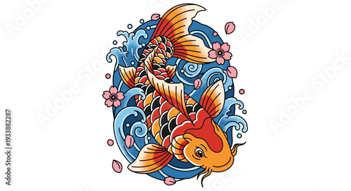 Koi Fish Tattoo Design with Cherry Blossoms and Waves