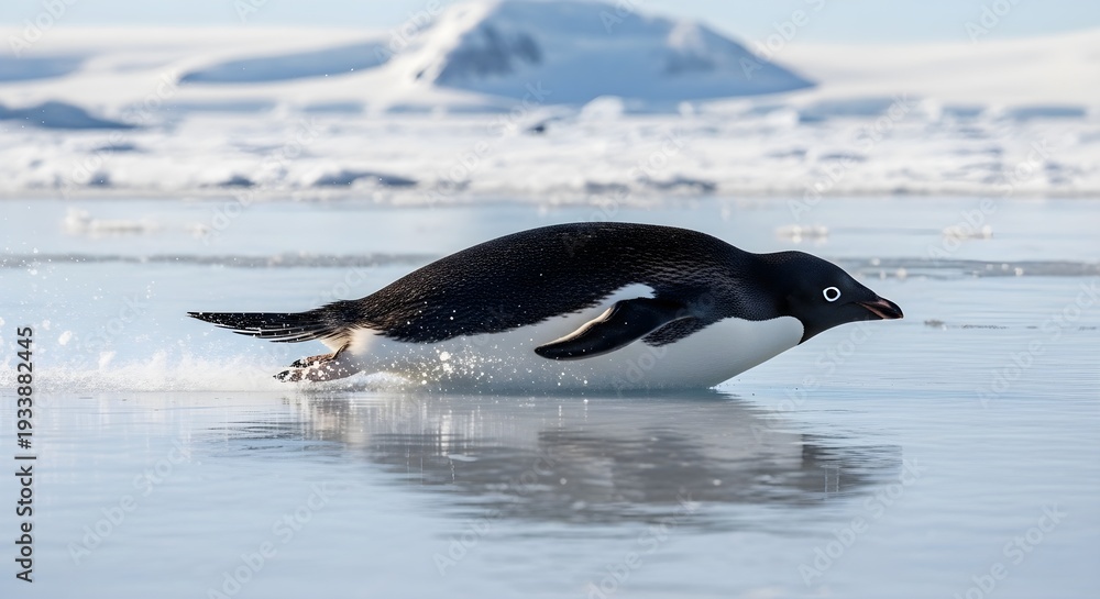 Obraz premium World Penguin Day Penguin Sliding on Ice Belly Slide Ultra Sharp Action Wildlife Photography 8K