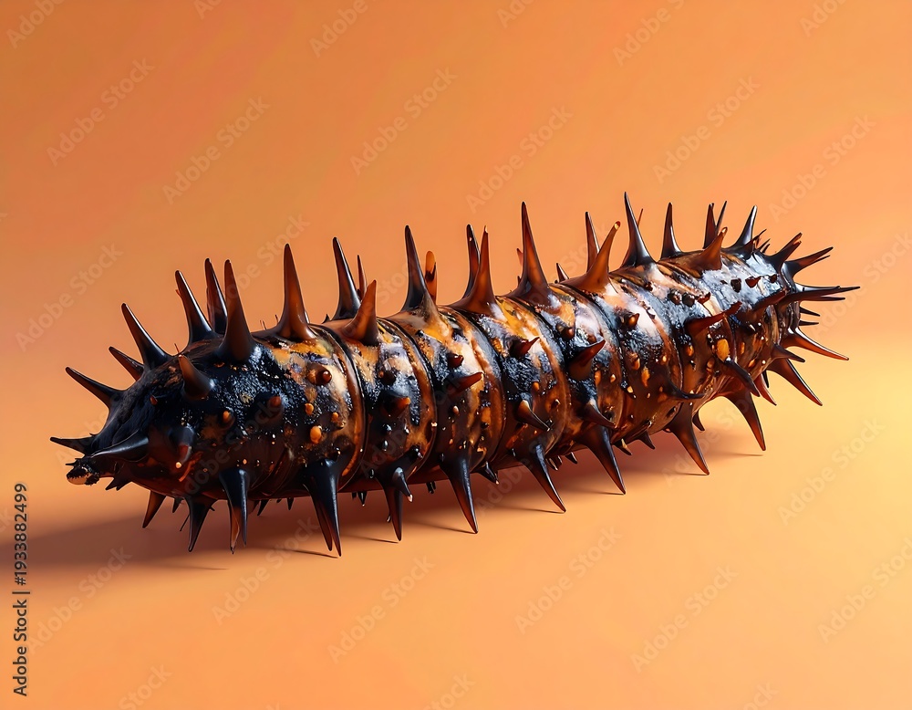 Fototapeta premium A large, spiny caterpillar against an orange background
