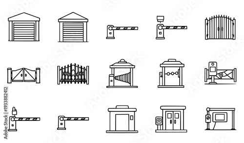 Gate entrance barrier security linear icons vector set monochrome