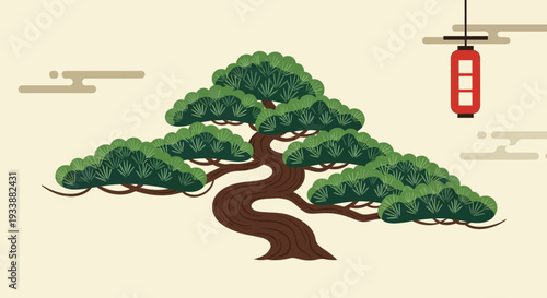 Traditional Japanese Pine Tree and Lantern