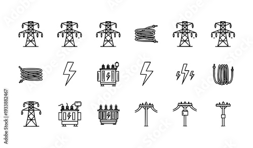 Minimal electricity power line outline icons vector illustration
